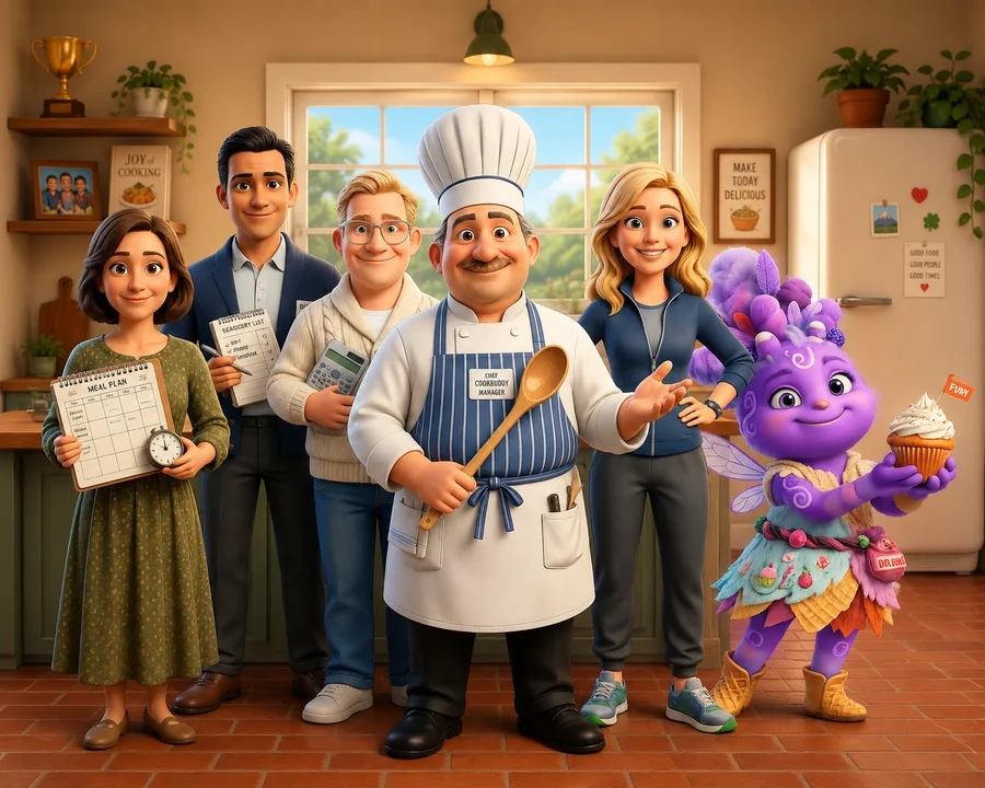 The Chef Rumble cast standing together in a warm home kitchen