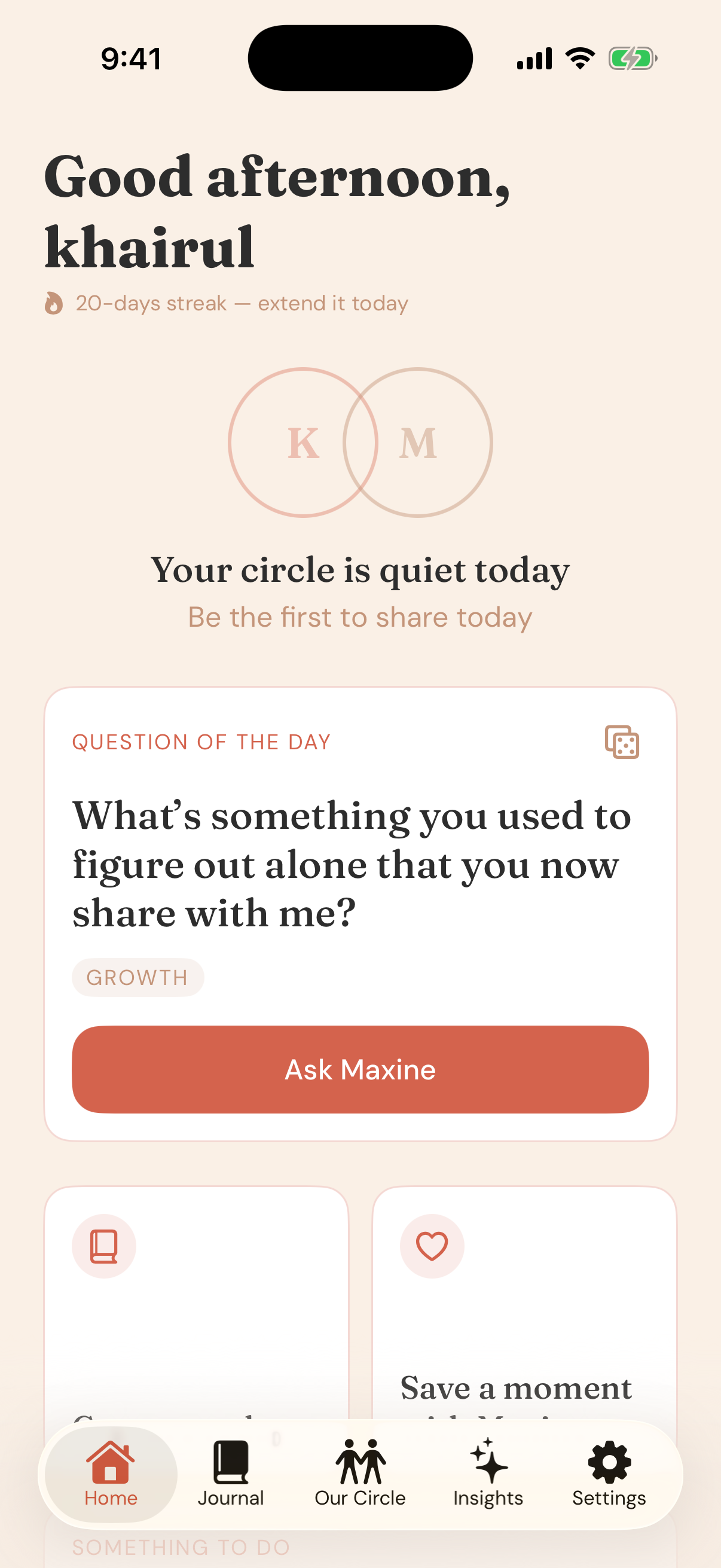Our Circle Home — the daily question and check-in